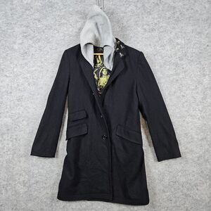 Ringspun Brand Men's Long Coat Size M Wool & Polyester Charcoal‎ Hooded Graphic